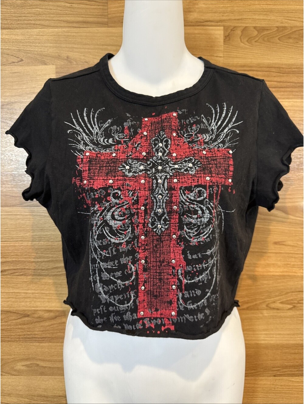 Hot Topic Y2K Black Cross Skeleton Rhinestone Cropped Baby Tee Size XL